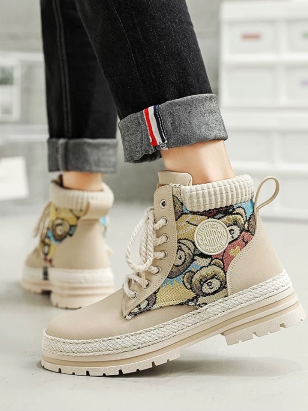 Men's Cream Teddy Bear Ankle Boots Chunky Lug Sole US 11